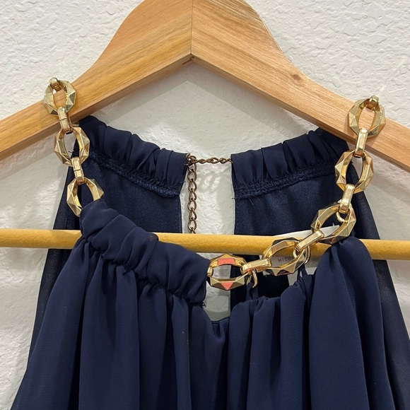 Bisou Bisou Navy Pleated Halter, Maxi 14 Chiffon Gold Chain Neck Summer Wedding - Picture 3 of 7